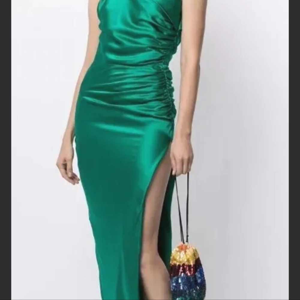 Michelle Mason Asymmetrical Gathered Gown Emerald Green Silk Party 8 NWT $966